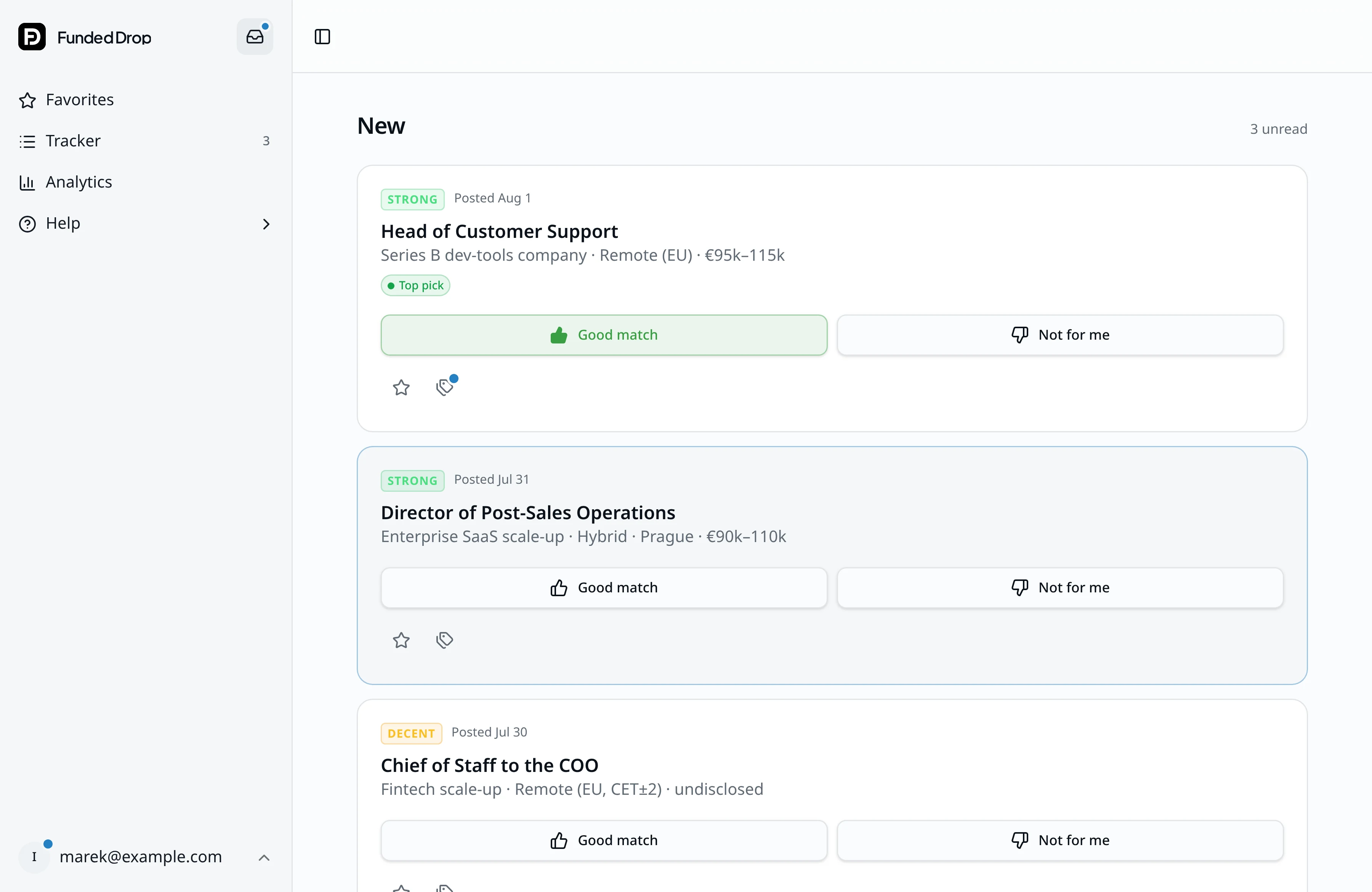 The Funded Drop inbox: three matches with tier badges, salary and location, example data