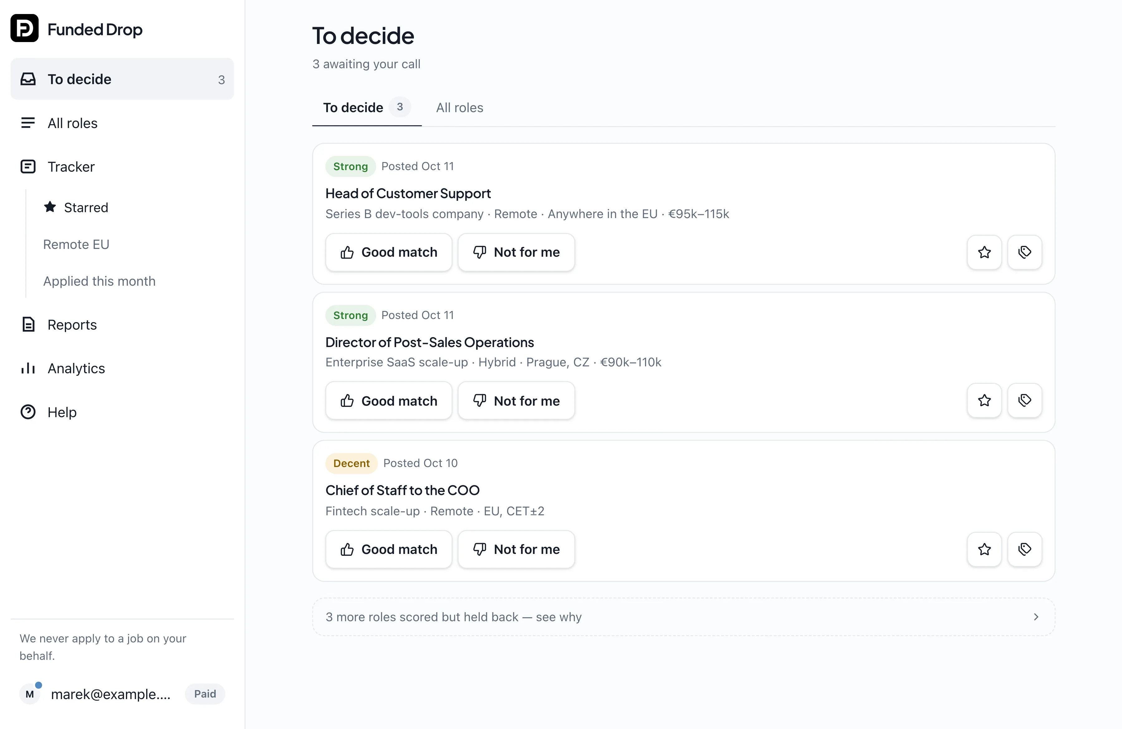 The Funded Drop inbox: three matches with tier badges, salary and location, example data
