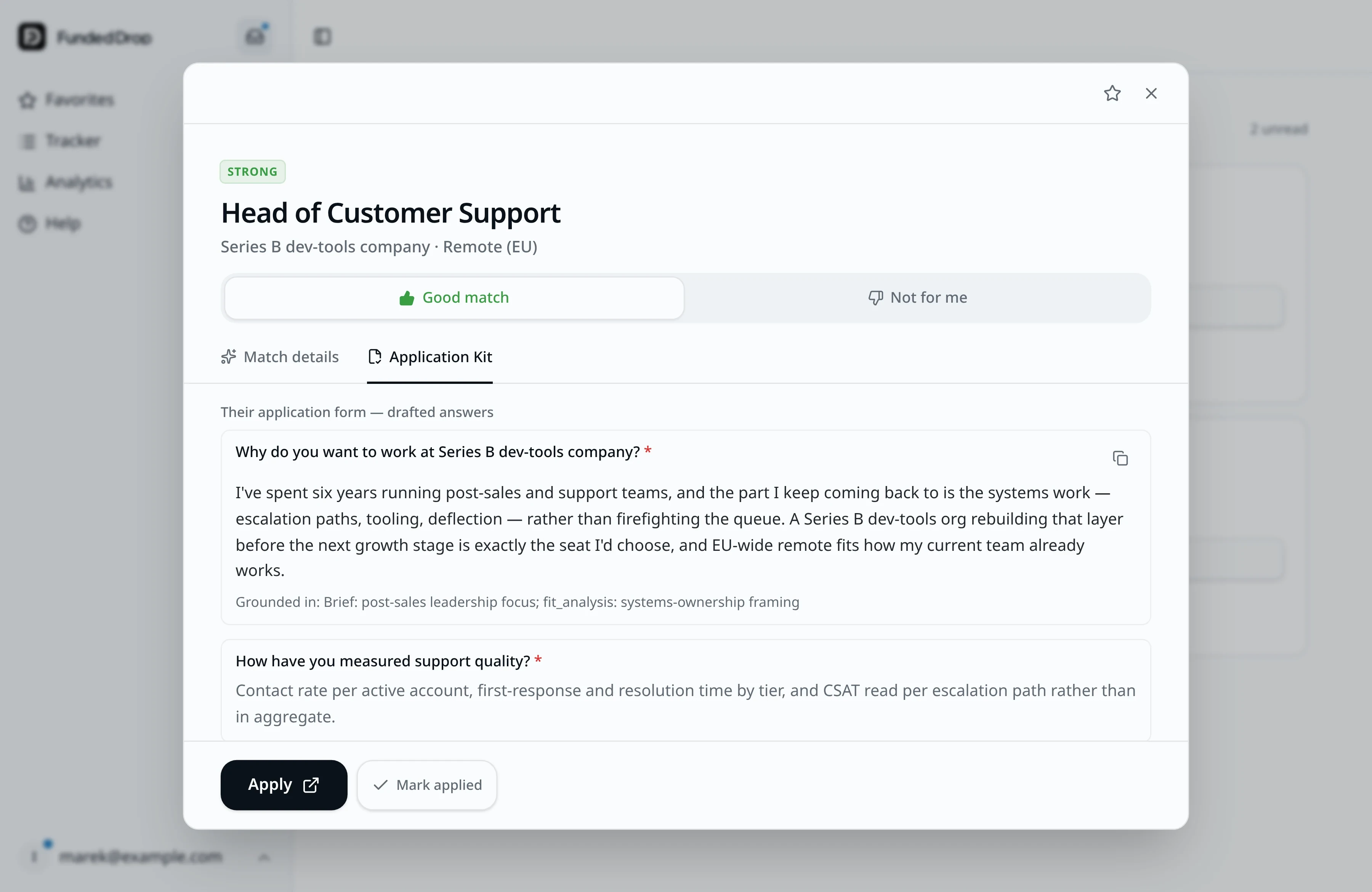 Application kit: drafted answers to the job's own application form and a cover letter draft