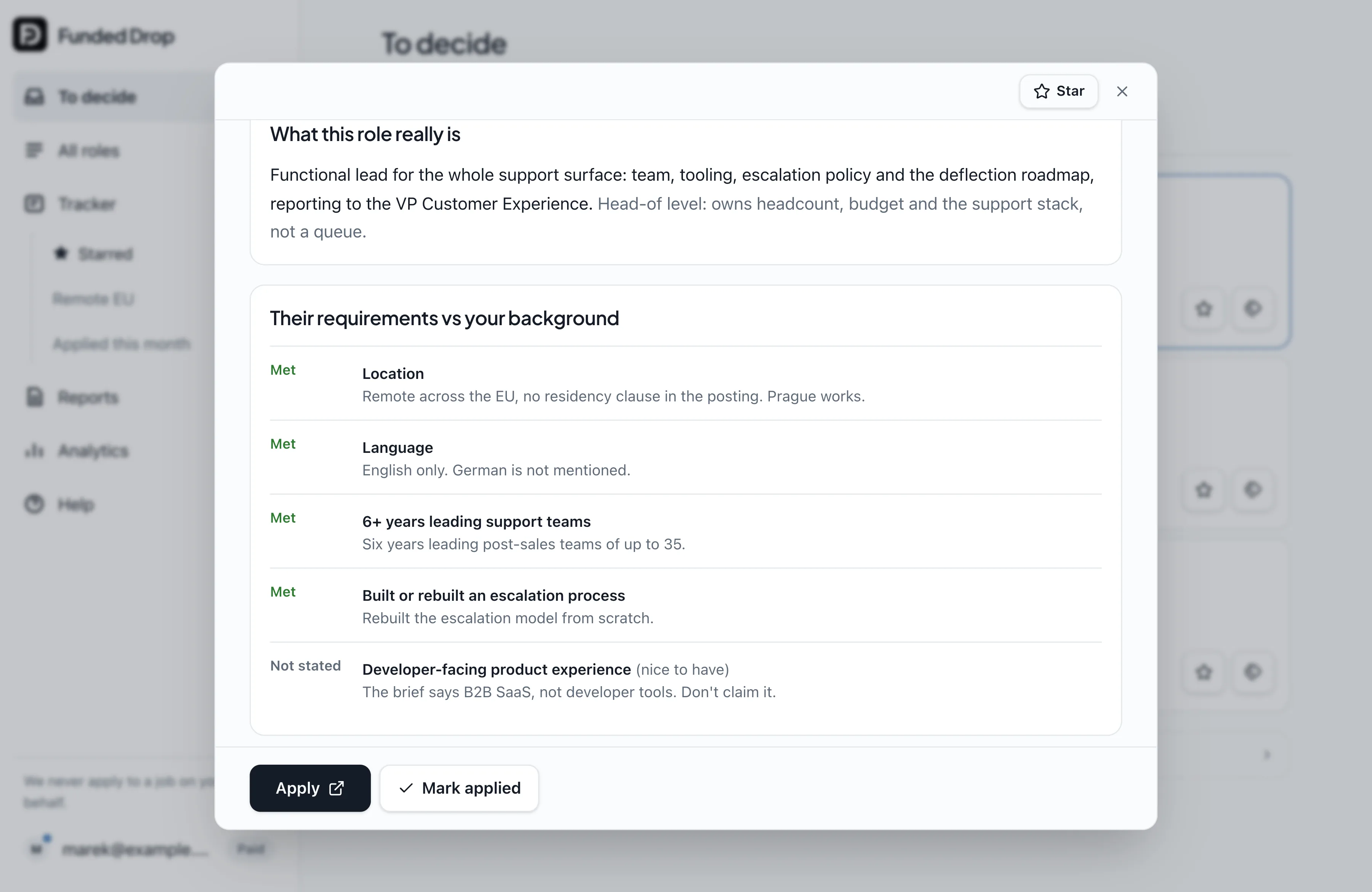 Why this tier: a written verdict for one role, then the requirements checked one by one against your CV — Met, Partly or Gap